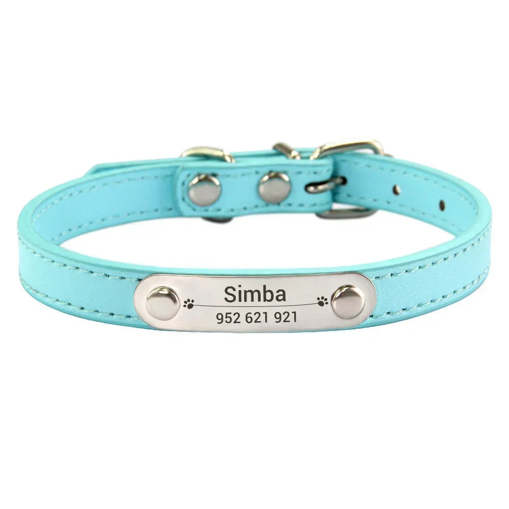 Carved ID Anti-Lost Leather Collar for Dogs, Puppies & Cats
