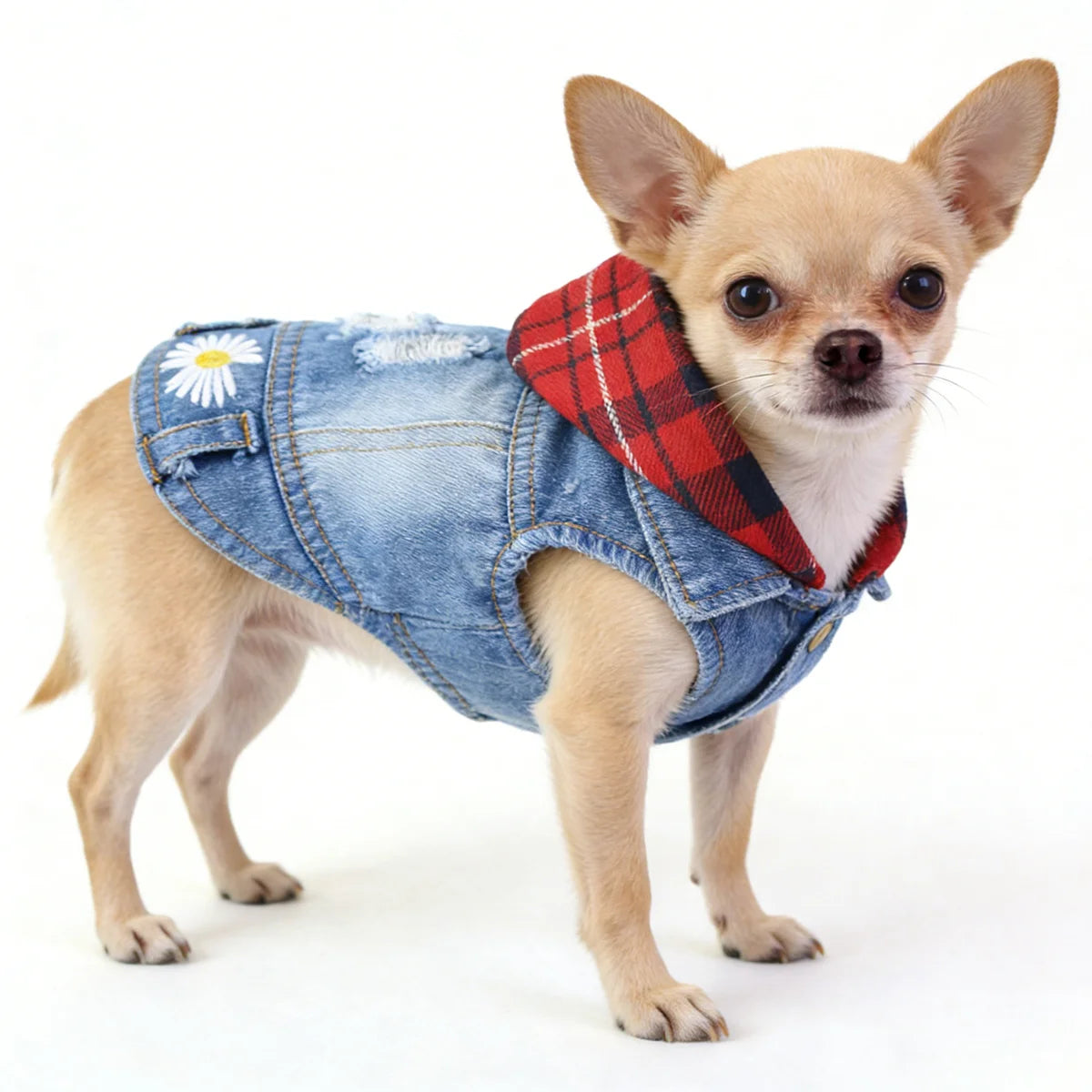 Denim Jean Jacket for Dogs Casual Vest Coat - close-up of denim texture