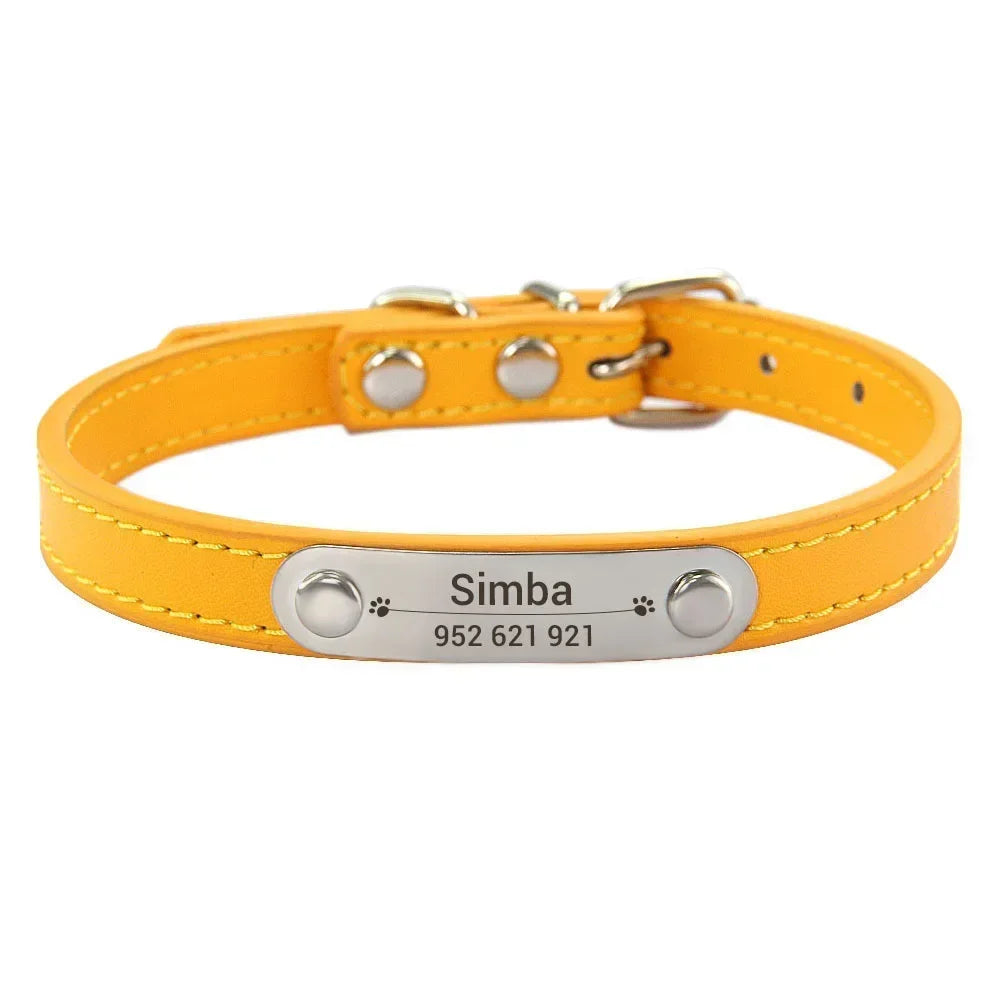 Carved ID Anti-Lost Leather Collar for Dogs, Puppies & Cats