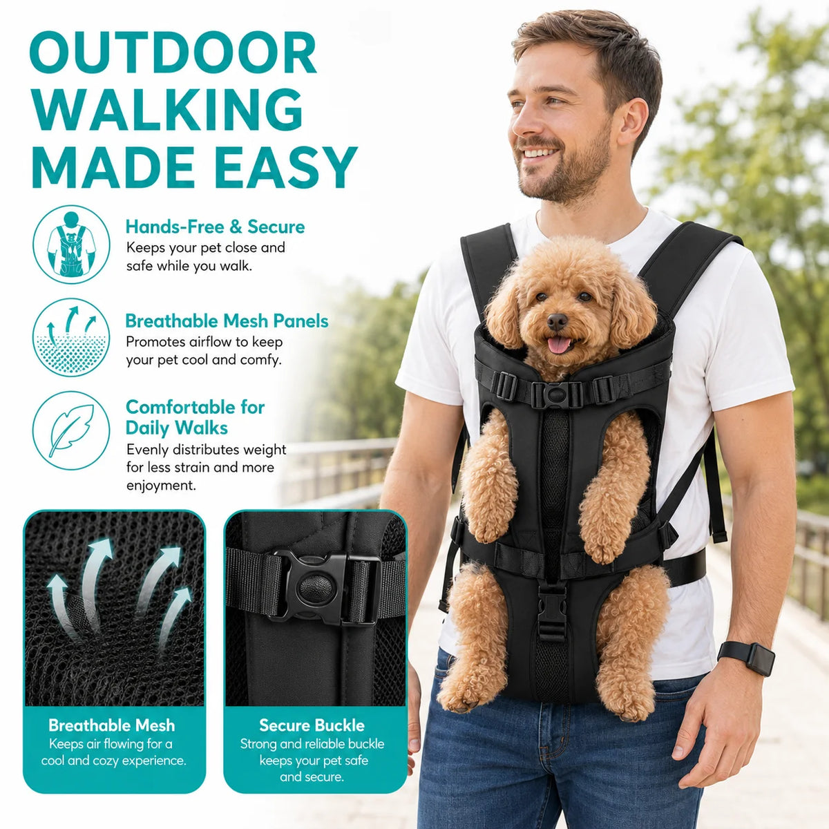 Front-Carry Pet Backpack - person carrying pet in front-facing backpack