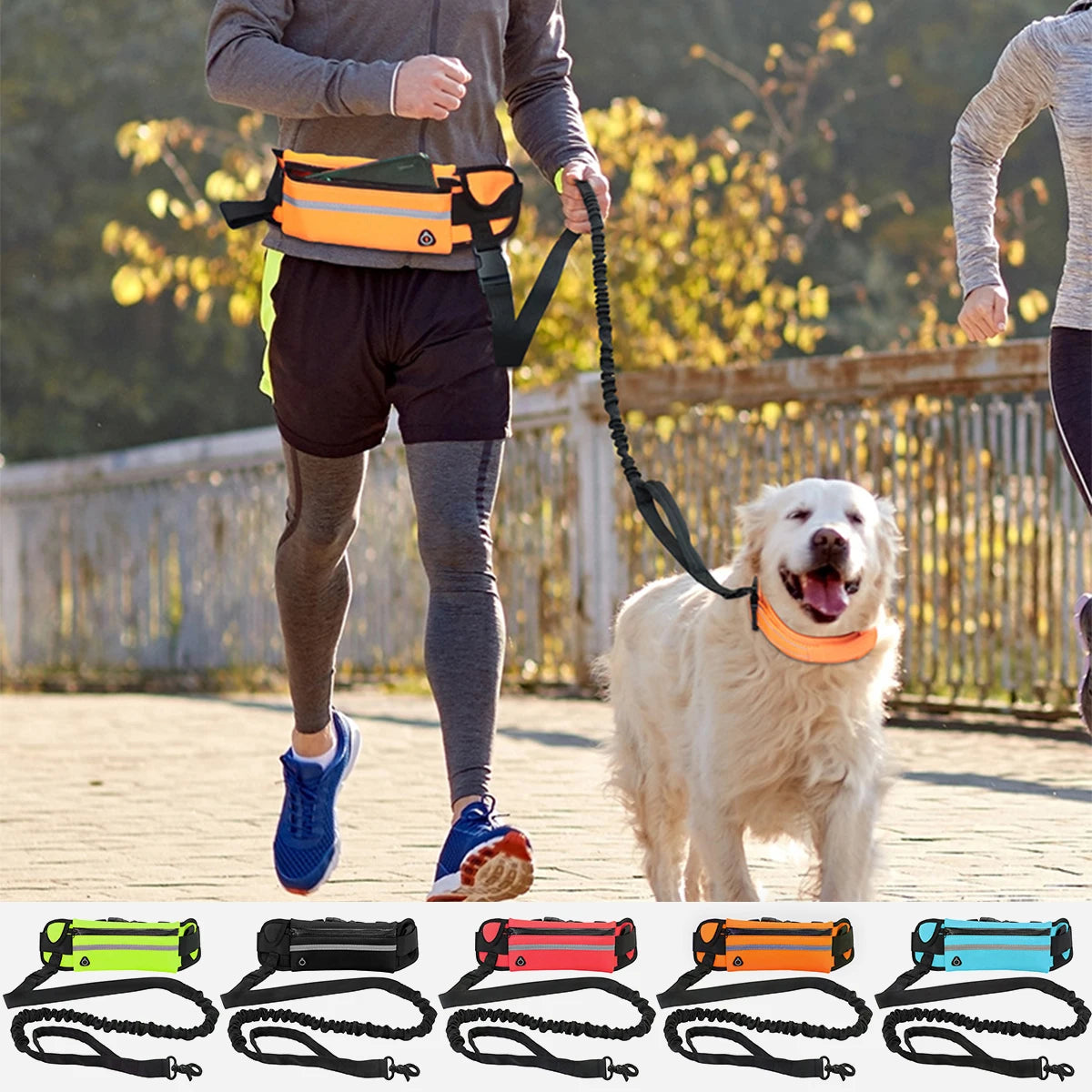 Hands-Free Running Leash with Waist Bag - reflective leash in use at dusk