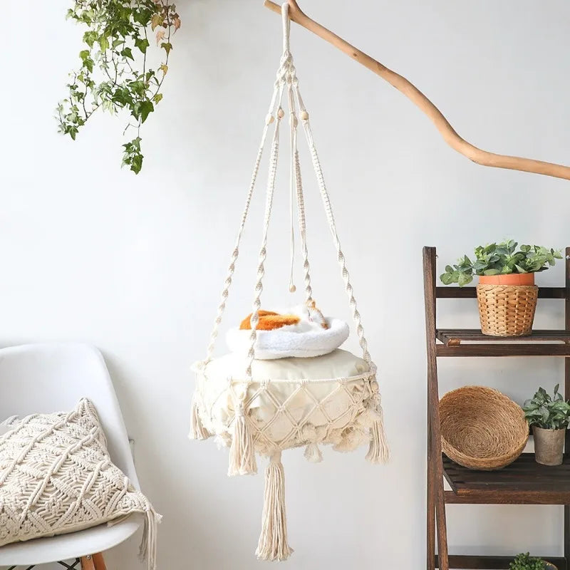 Hand-Woven Cotton Rope Cat Hammock - cat curled up in rope hammock