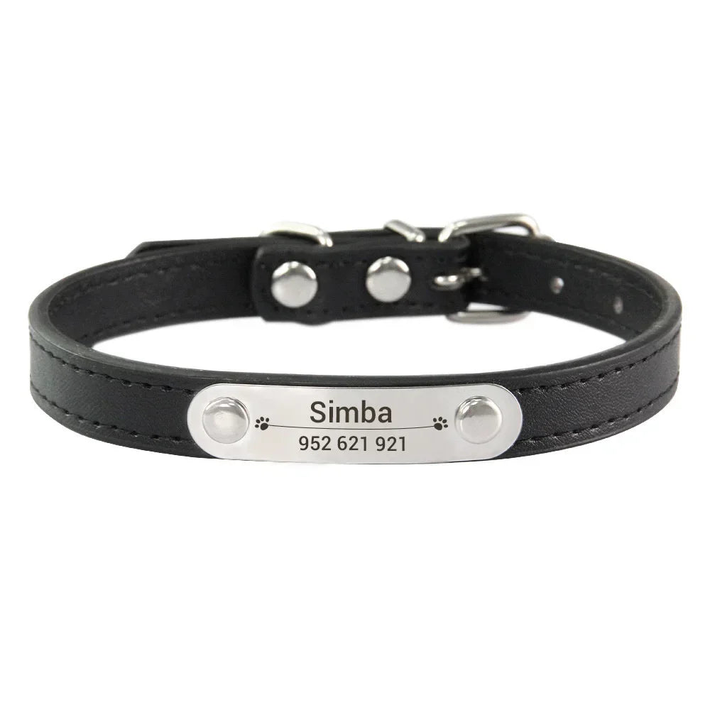 Carved ID Anti-Lost Leather Collar for Dogs, Puppies & Cats