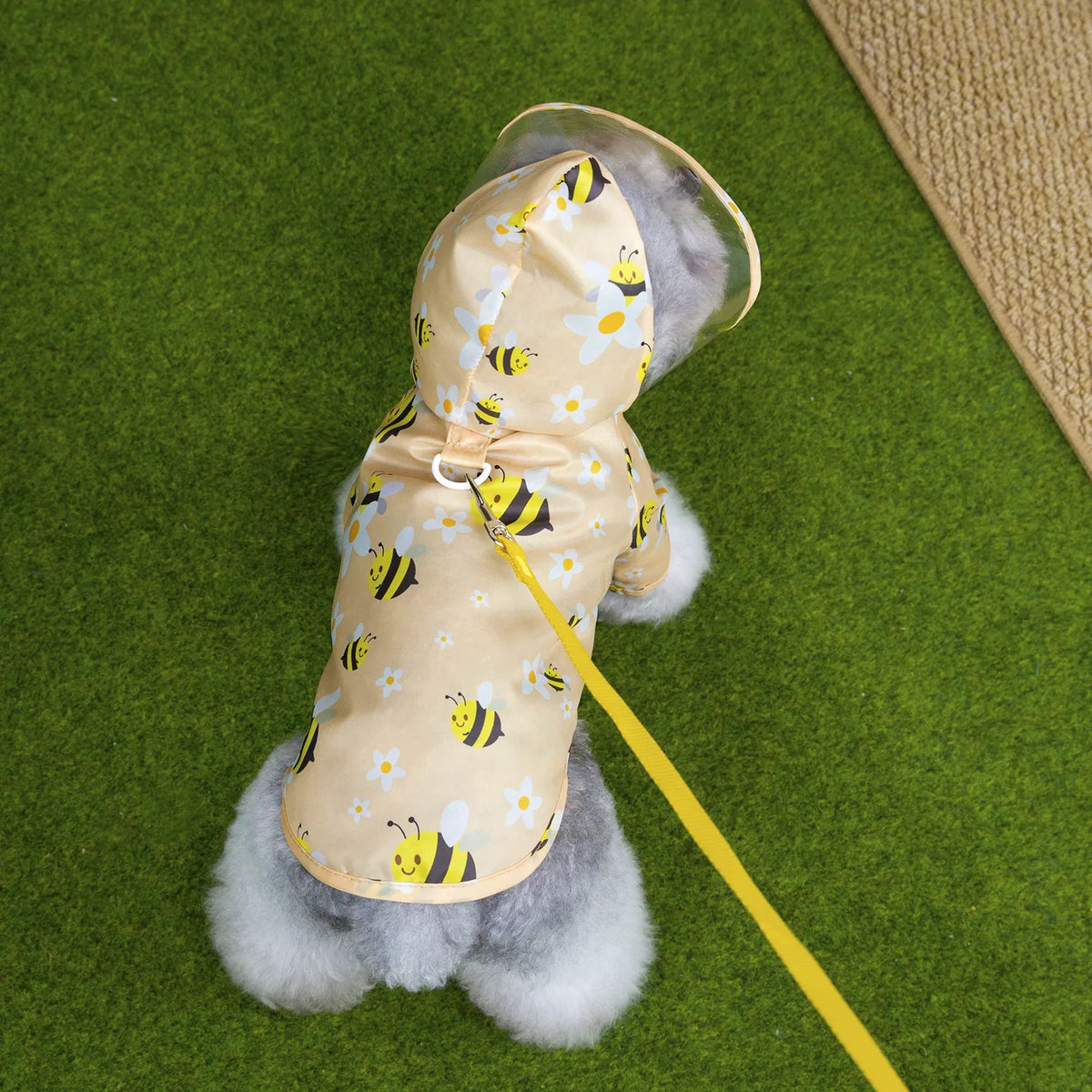 Cartoon Print Dog Raincoat - dog wearing playful print raincoat