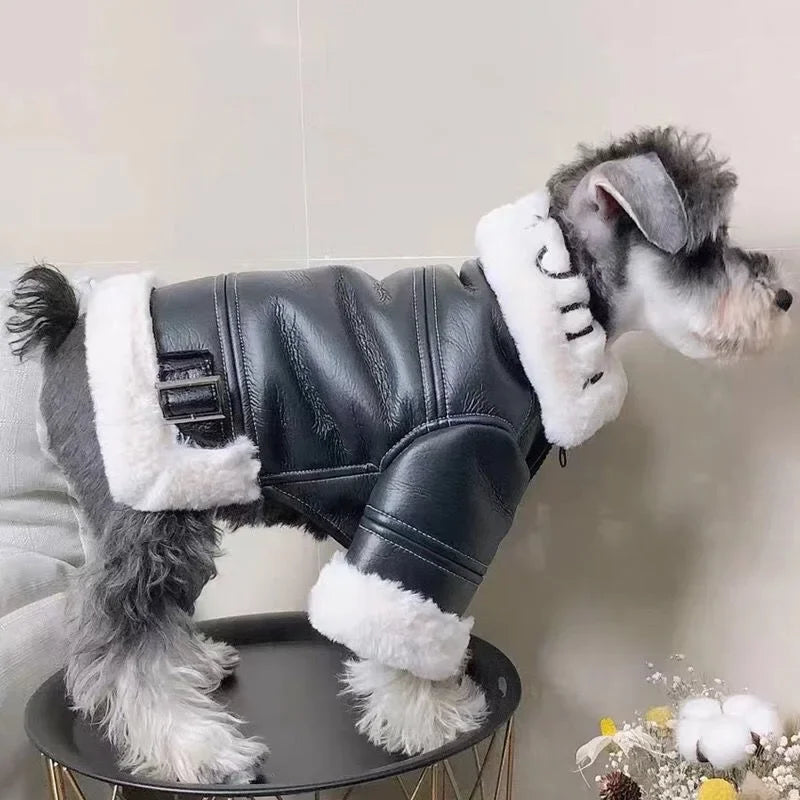 Faux Leather Dog Coat - dog wearing fleece-lined leather coat