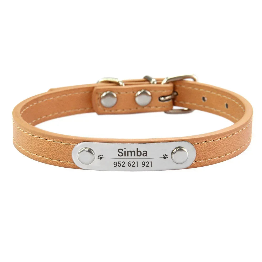 Carved ID Anti-Lost Leather Collar for Dogs, Puppies & Cats