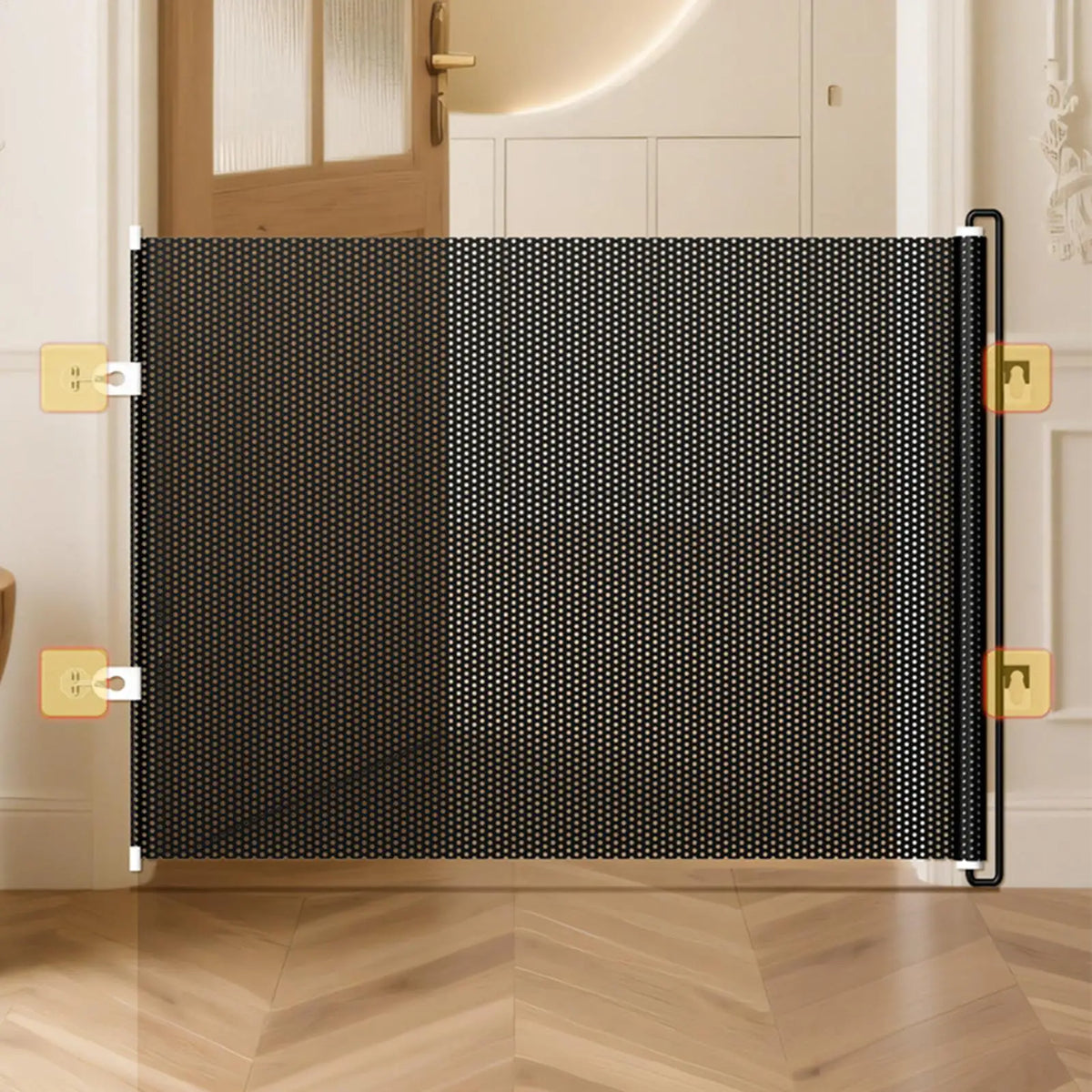 Retractable No-Drill Pet Gate - close-up of retractable mesh mechanism