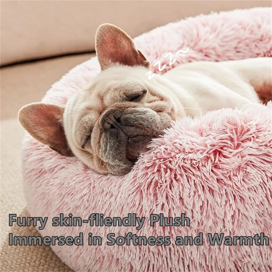 Plush Faux Fur Donut Bed - dog sleeping in donut bed