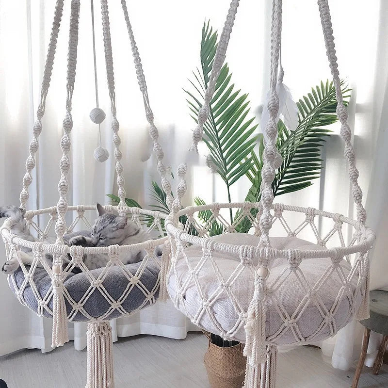 Hand-Woven Cotton Rope Cat Hammock - close-up of hand-woven rope detail