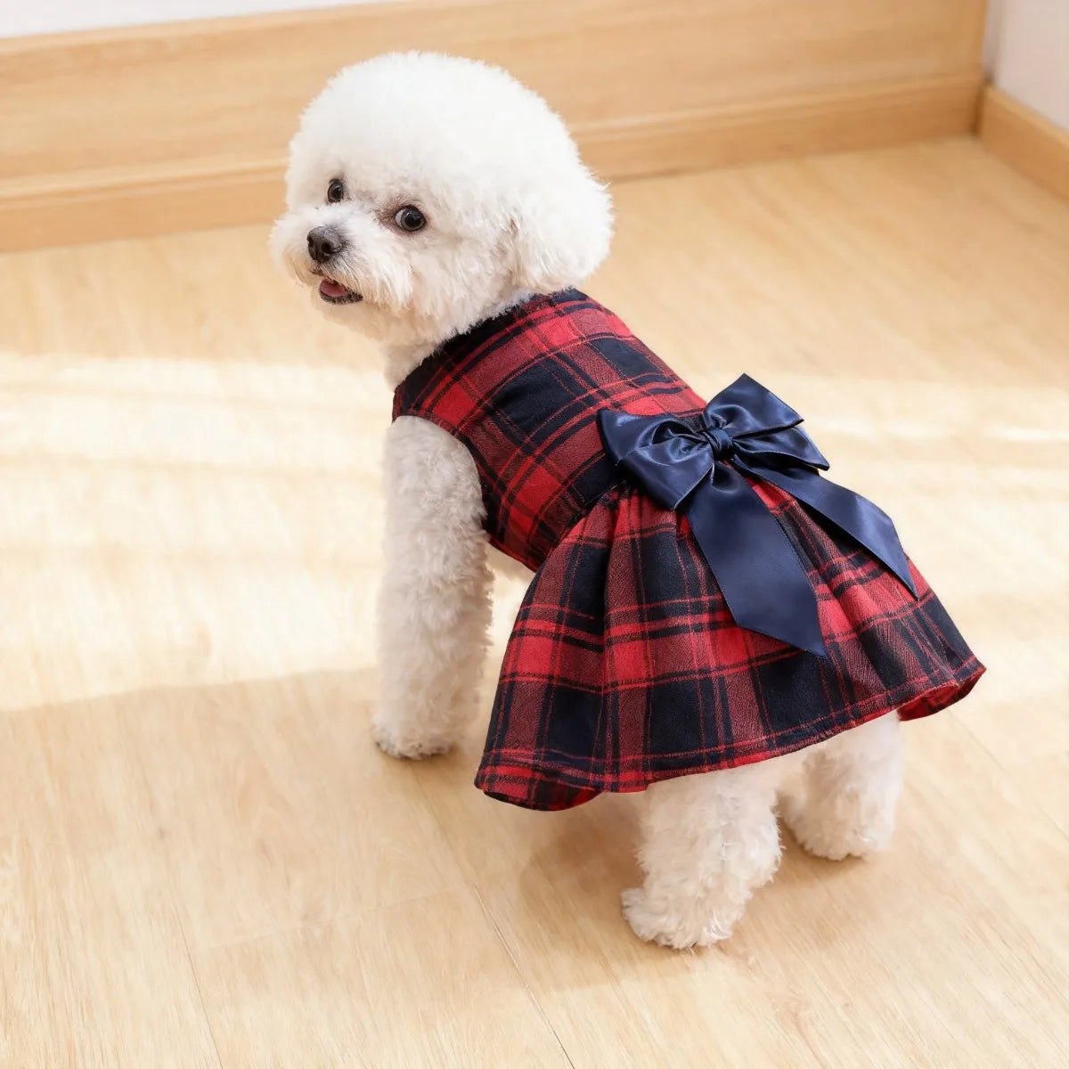 Plaid Bow Dress for Dogs & Cats - pet wearing double-layer plaid dress
