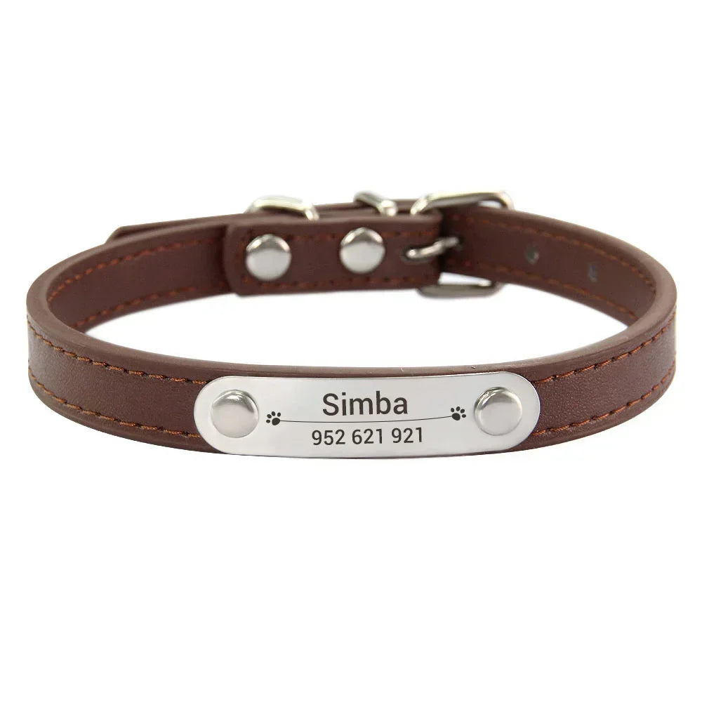 Carved ID Anti-Lost Leather Collar for Dogs, Puppies & Cats