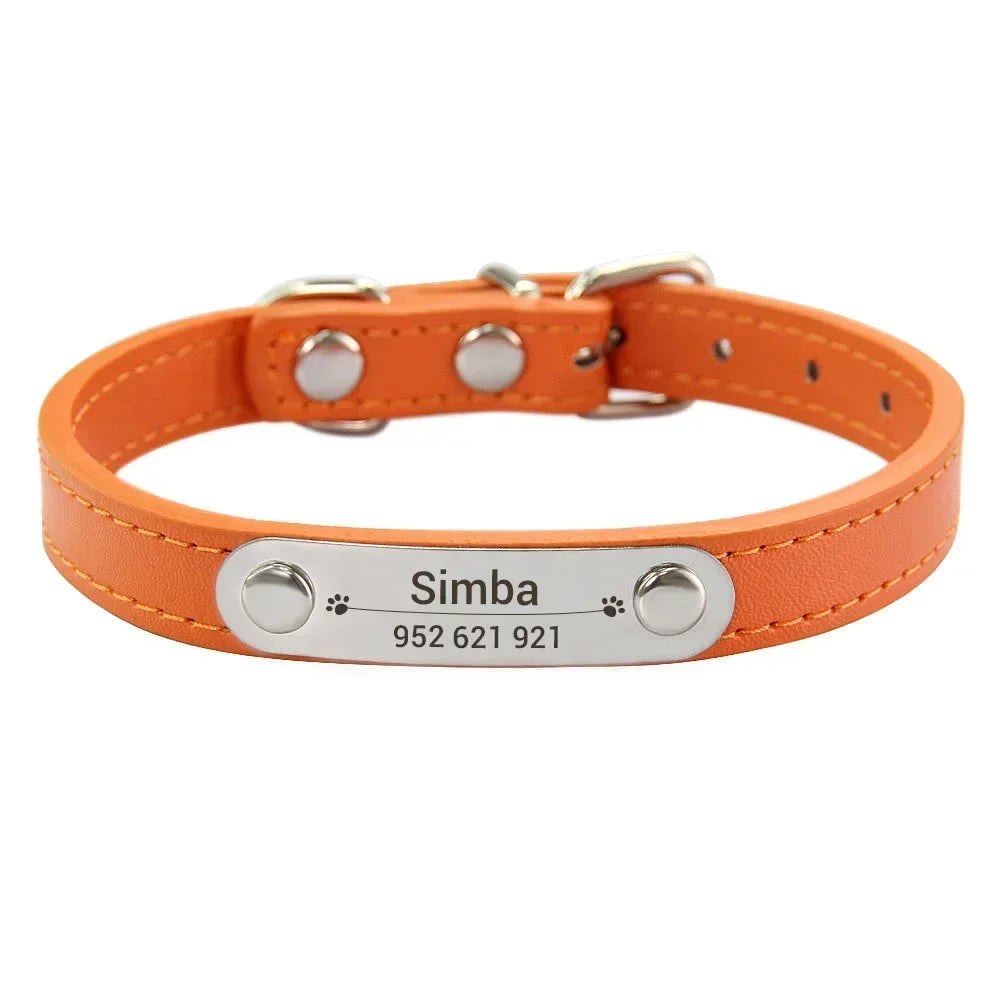Carved ID Anti-Lost Leather Collar for Dogs, Puppies & Cats