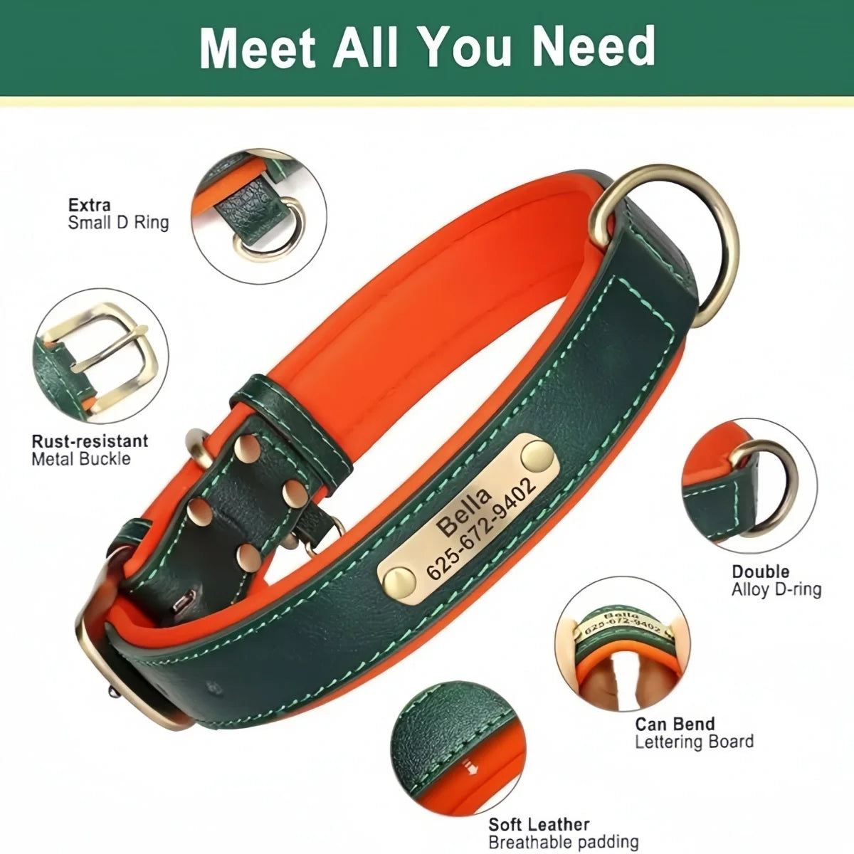 Personalized Leather ID Collar - close-up of engraved nameplate