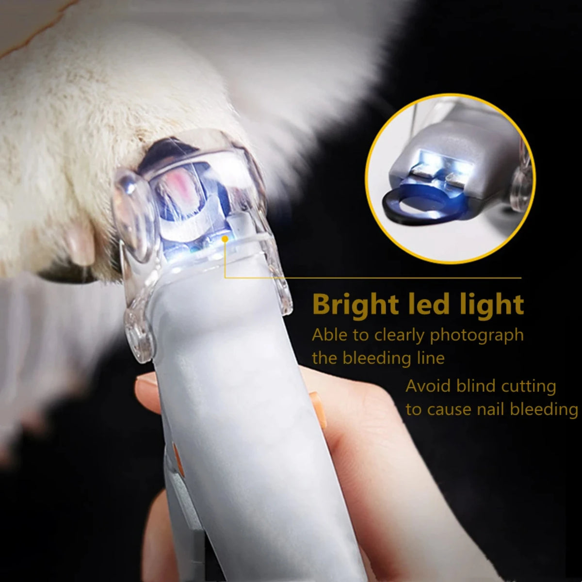 LED Light Pet Nail Clippers - trimming dog nails with LED clipper