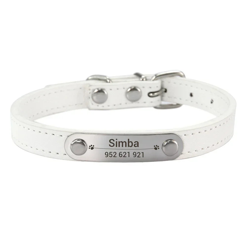 Carved ID Anti-Lost Leather Collar for Dogs, Puppies & Cats