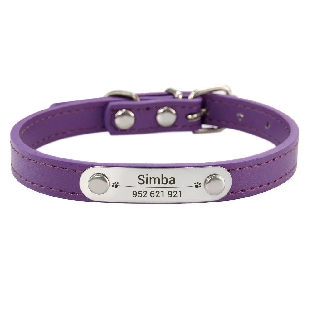 Carved ID Anti-Lost Leather Collar for Dogs, Puppies & Cats
