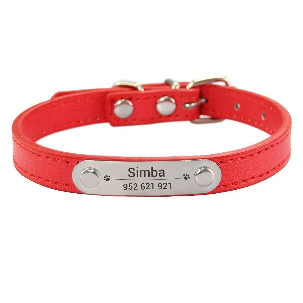 Carved ID Anti-Lost Leather Collar for Dogs, Puppies & Cats
