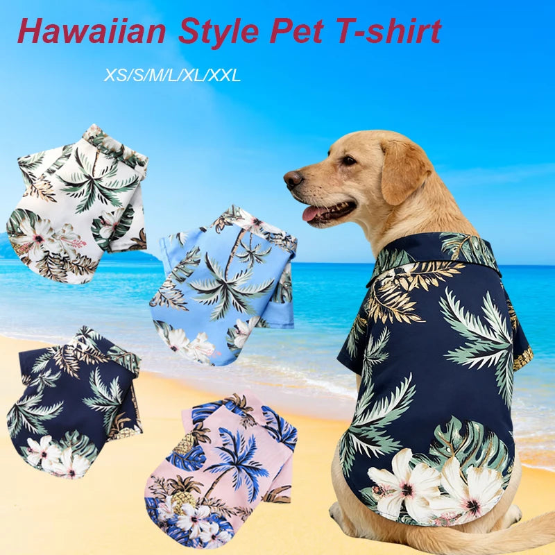 Hawaiian Print Dog Shirt - dog wearing summer beach shirt