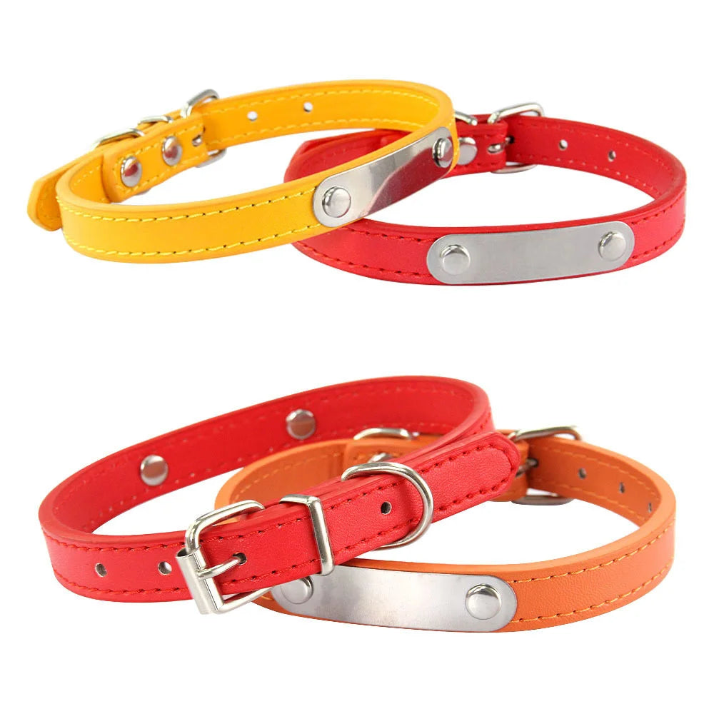 Carved ID Anti-Lost Leather Collar for Dogs, Puppies & Cats