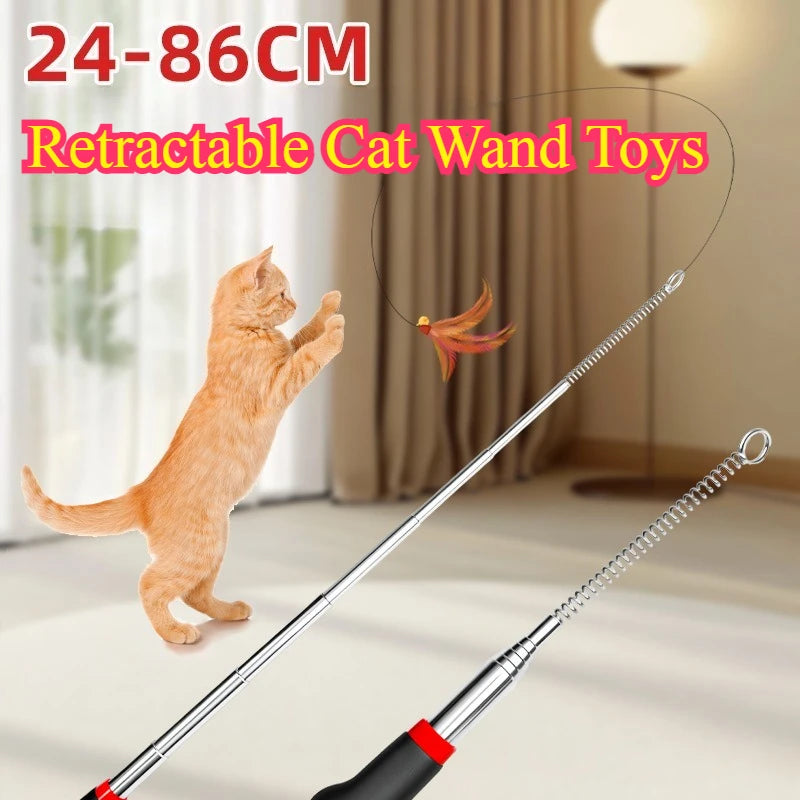 Retractable Teaser Wand Cat Toy - cat chasing feather wand