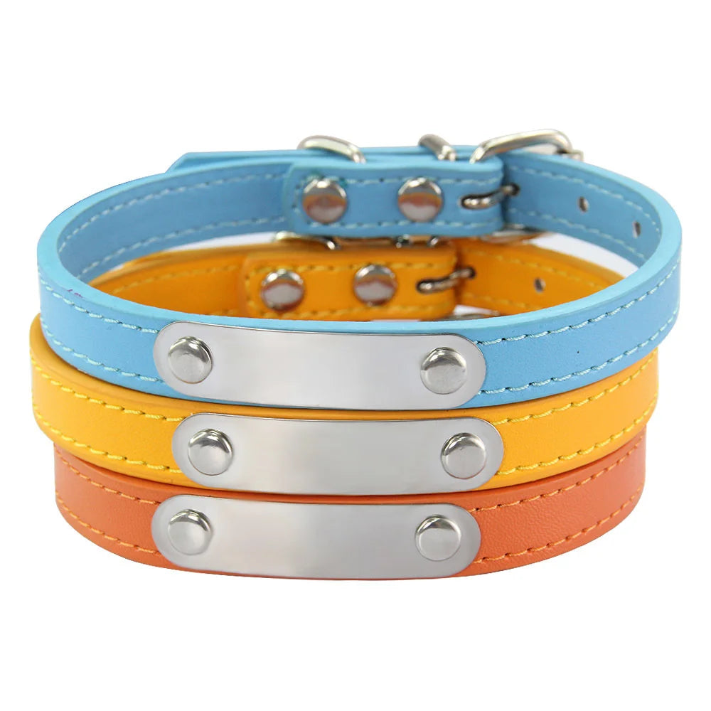 Carved ID Anti-Lost Leather Collar for Dogs, Puppies & Cats